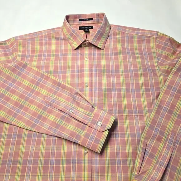👔 Lands' End No Iron Shirt XL (17-17½)  Pink Yellow Check - Tailored Fit Cotton - Picture 5 of 12